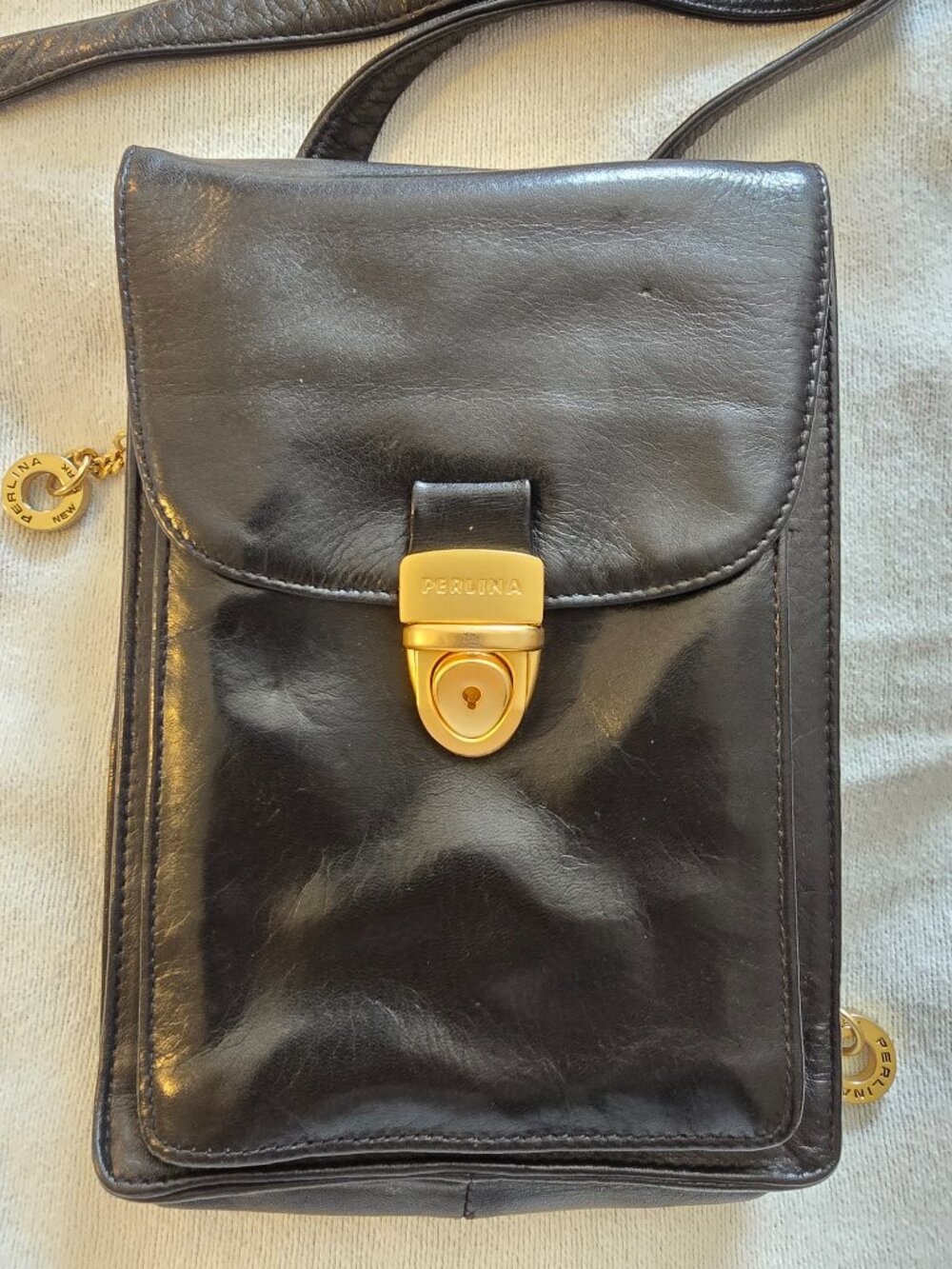 Perlina New York Black Leather Crossbody Bag Small Festival Sling Satchel Purse